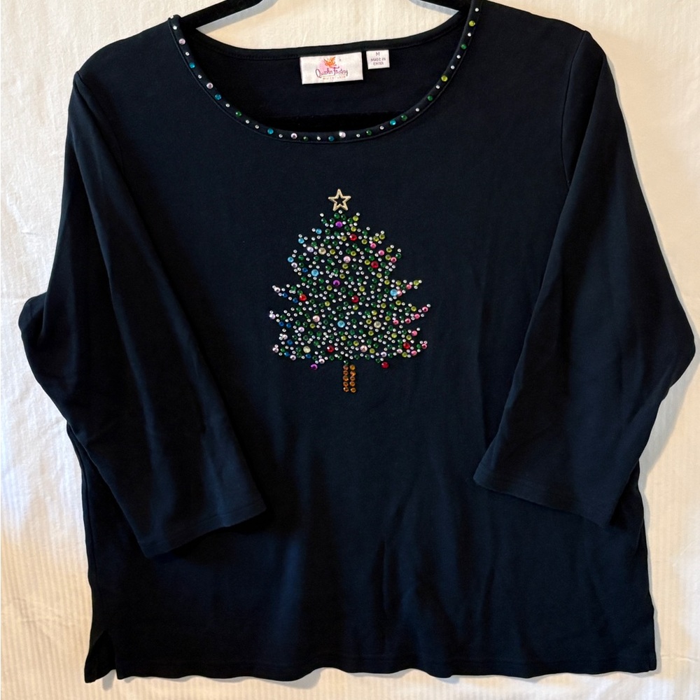 Quacker Factory Women’s Black Tunic Top with Jeweled Christmas Tree Design